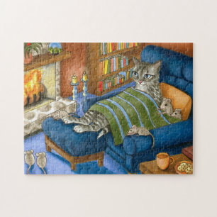 Katze und Mäuse sitzen vor einem Kamin 459 Puzzle