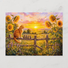 Katze und Mäuse Sonnenuntergang Zaunblick Postkarte