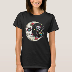 Katze und Mond Zuckerschädel Dia De Muertos Tag de T-Shirt