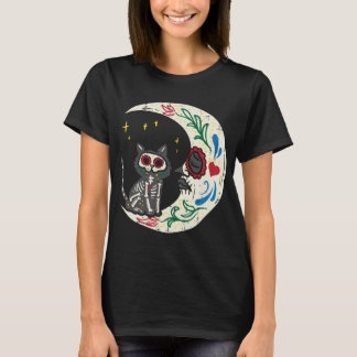 Katze und Mondzucker Schädel Calavera Dia de Muert T-Shirt