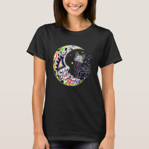Katze und Mondzucker Schädeldia de Los Muertos Tag T-Shirt