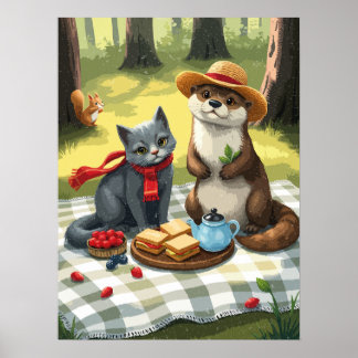 Katze und Oter mit einem Waldpicknick Poster