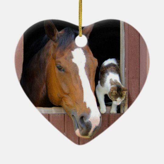 Katze und Pferd - Pferderanch - Pferdeliebhaber Keramik Herz-Ornament