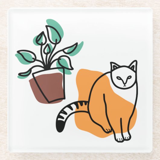 Katze und Pflanze Glasuntersetzer (Vorderseite)