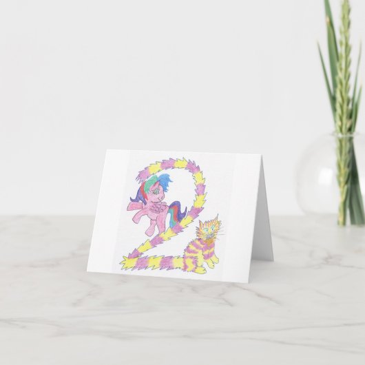 Katze und Pony-Karte für ein zweijähriges Kind Karte (Vorderseite)