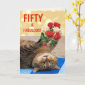 Katze und Rose 50. Geburtstag Karte (Gelbe Blume)