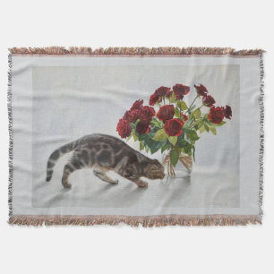 Katze und rote Rosen – realistische Ölbild-Druck Decke