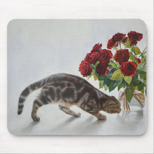 Katze und rote Rosen – realistische Ölbild-Druck Mousepad