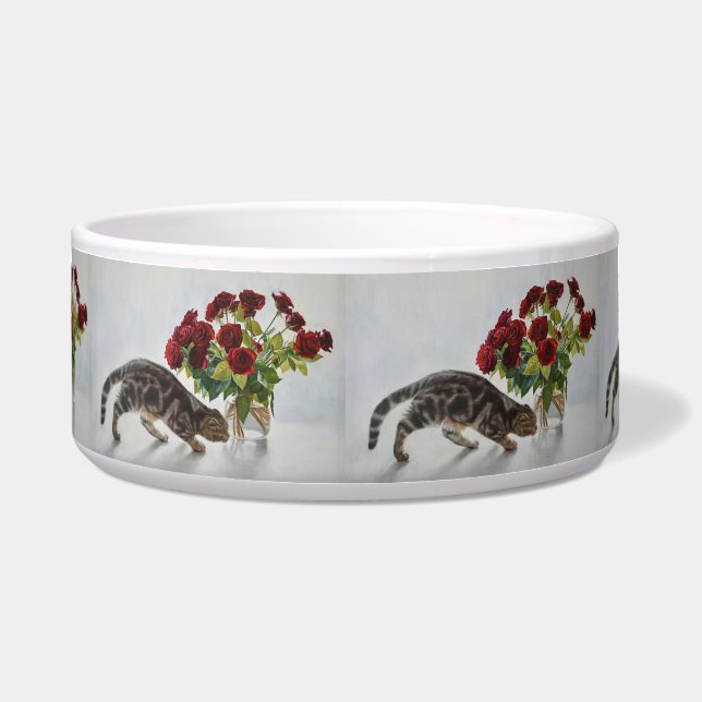 Katze und rote Rosen – realistische Ölbild-Druck Napf (Vorderseite)
