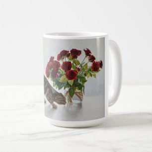 Katze und rote Rosen – Realistischer Ölmalerei-Dru Kaffeetasse