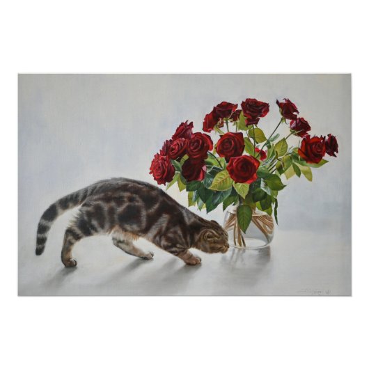 Katze und rote Rosen – Realistischer Ölmalerei-Dru Poster (Vorderseite)