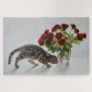 Katze und rote Rosen – Realistischer Ölmalerei-Dru Puzzle