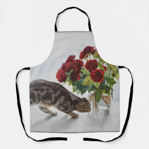 Katze und rote Rosen – Realistischer Ölmalerei-Dru Schürze