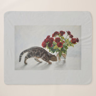 Katze und rote Rosen – Realistischer Ölmalerei-Dru Sherpadecke
