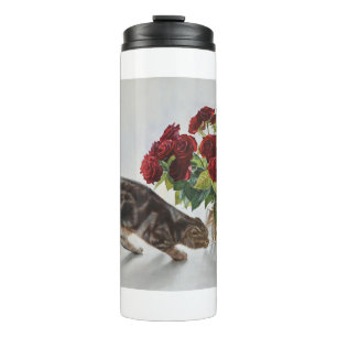 Katze und rote Rosen – Realistischer Ölmalerei-Dru Thermosbecher