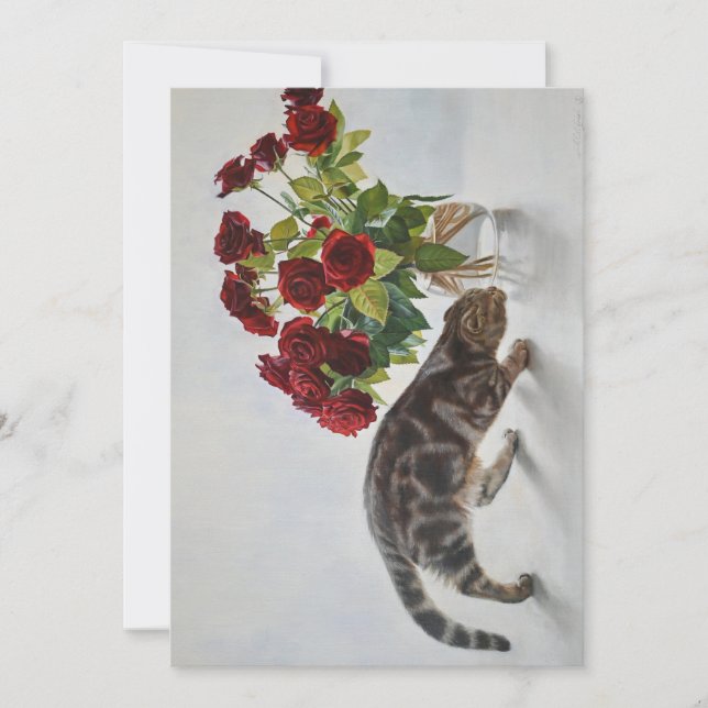 Katze und Rote Rosen - realistisches Ölgemälde (Vorderseite)