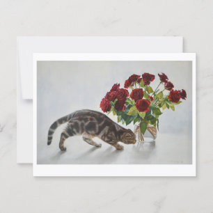 Katze und Rote Rosen - realistisches Ölgemälde Postkarte