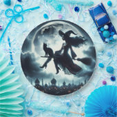 Katze und Rotzunge auf einem Broomstick Pappteller (Party)