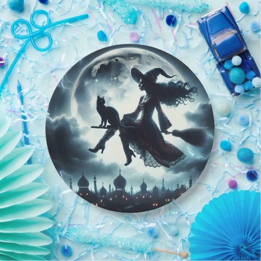 Katze und Rotzunge auf einem Broomstick Pappteller (Party)