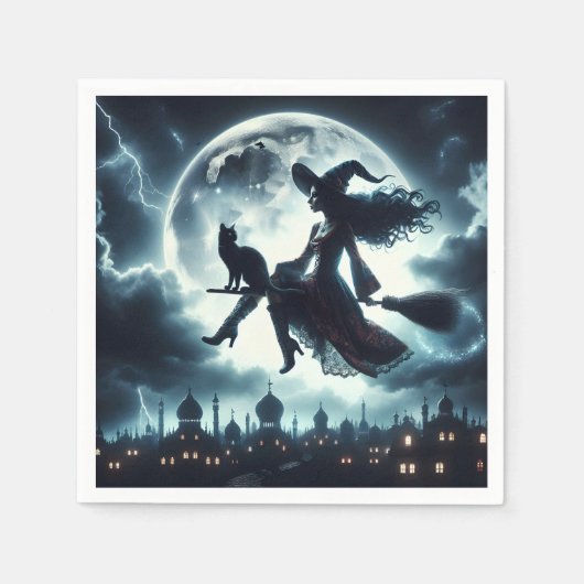 Katze und Rotzunge auf einem Broomstick Serviette (Vorderseite)