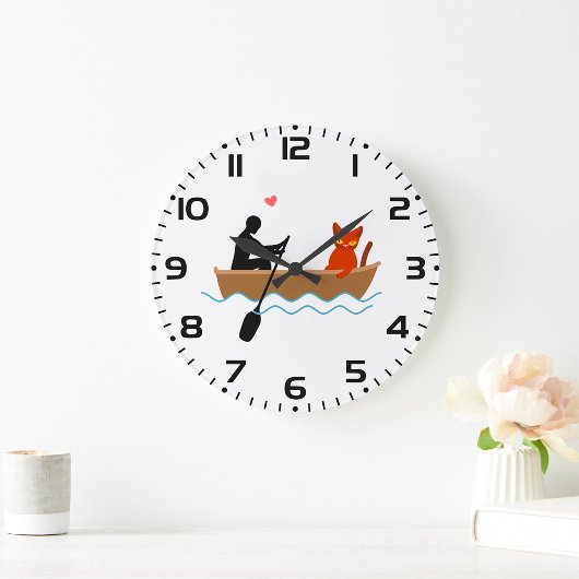 Katze und Ruderer auf dem Schiff Funny Whimsical P Große Wanduhr