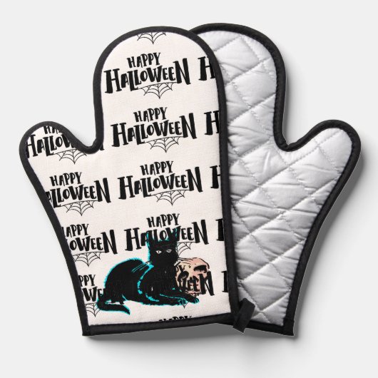 Katze und Schädel Happy Halloween Ofenhandschuh (Vorderseite/Rückseite)