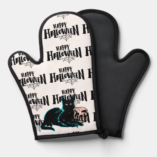 Katze und Schädel Happy Halloween Ofenhandschuh (Vorderseite/Rückseite)