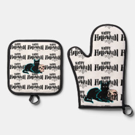 Katze und Schädel Happy Halloween Ofenhandschuh & Topflappen-Set