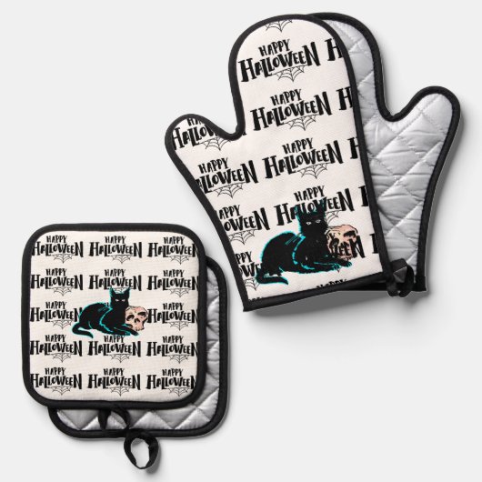 Katze und Schädel Happy Halloween Ofenhandschuh & Topflappen-Set (Vorderseite/Rückseite)