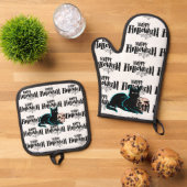 Katze und Schädel Happy Halloween Ofenhandschuh & Topflappen-Set (Oben Unten)