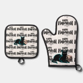 Katze und Schädel Happy Halloween Ofenhandschuh & Topflappen-Set (Vorderseite)