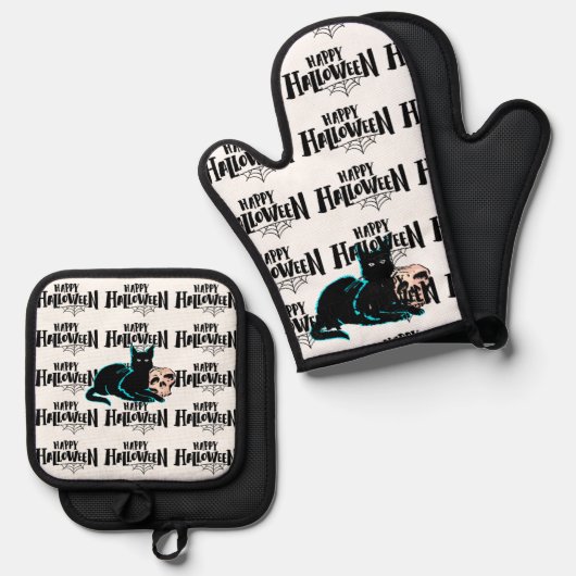 Katze und Schädel Happy Halloween Ofenhandschuh & Topflappen-Set (Vorderseite/Rückseite)