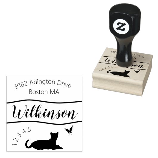 Katze und Schmetterling mit Skriptname Schriftart Gummistempel (Stempel)