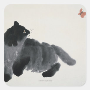 Katze und Schmetterling Quadratischer Aufkleber