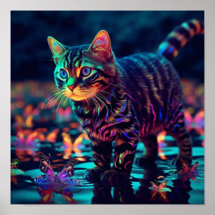 Katze und Schmetterlinge in einem Regenbogengarten Poster