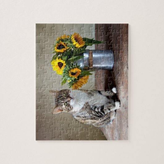 Katze und Sonnenblumen Puzzle (Vertikal)