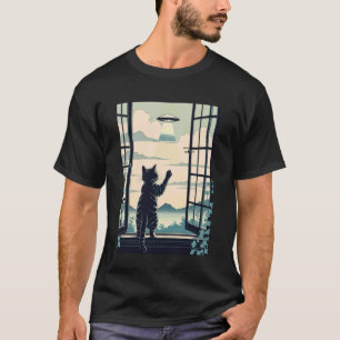 Katze und UFO Surreal Scene Tee, Süße Katze Winkt T-Shirt