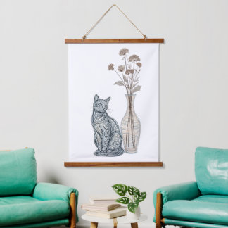 Katze und Vasen Wandteppich Mit Holzrahmen