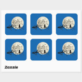 Katze und Vögel mit Silhouette und Vollmond Quadratischer Aufkleber (Blatt)