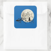 Katze und Vögel mit Silhouette und Vollmond Quadratischer Aufkleber (Tasche)