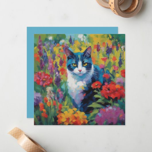 Katze unter Blume Mitteilungskarte (Vorderseite/Rückseite Beispiel)