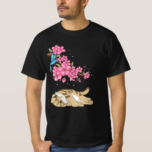 Katze unter Cherry Blossom Niedlich Japanisch Kawa T-Shirt (Vorderseite)