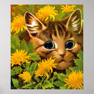 Katze unter dem Blumen-Plakat-Druck Poster