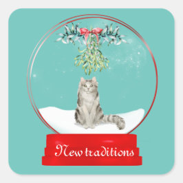Katze unter dem Mistletoe-Schneeglobe Quadratischer Aufkleber