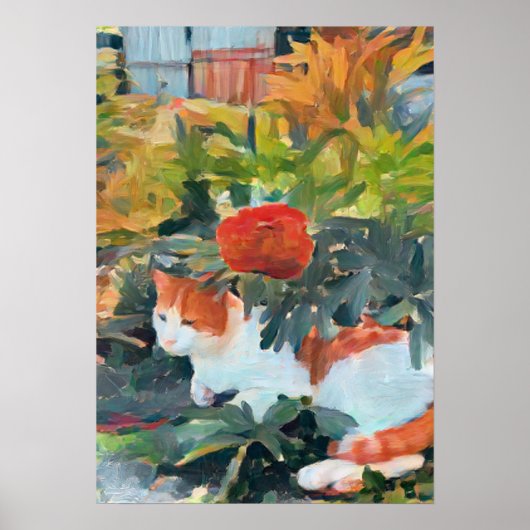 Katze unter einem blühenden Busch Poster (Vorne)