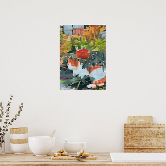 Katze unter einem blühenden Busch Poster (Küche)