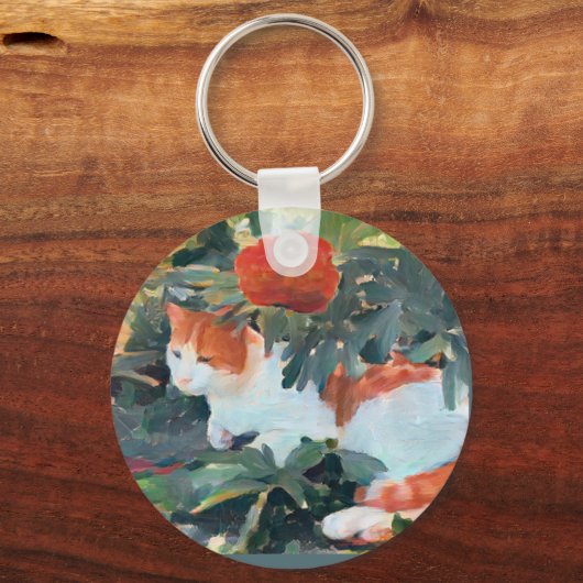 Katze unter einem blühenden Busch Schlüsselanhänger (Vorderseite)