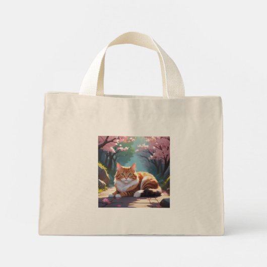 Katze unter Sakura-Baumkronen Mini Stoffbeutel (Rückseite)