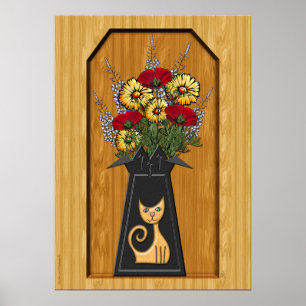 Katze Vase mit Pflücken und Mums in der Holzalve Poster