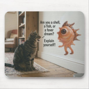 Katze verlangt Antworten von seltsamem Wandmonster Mousepad
